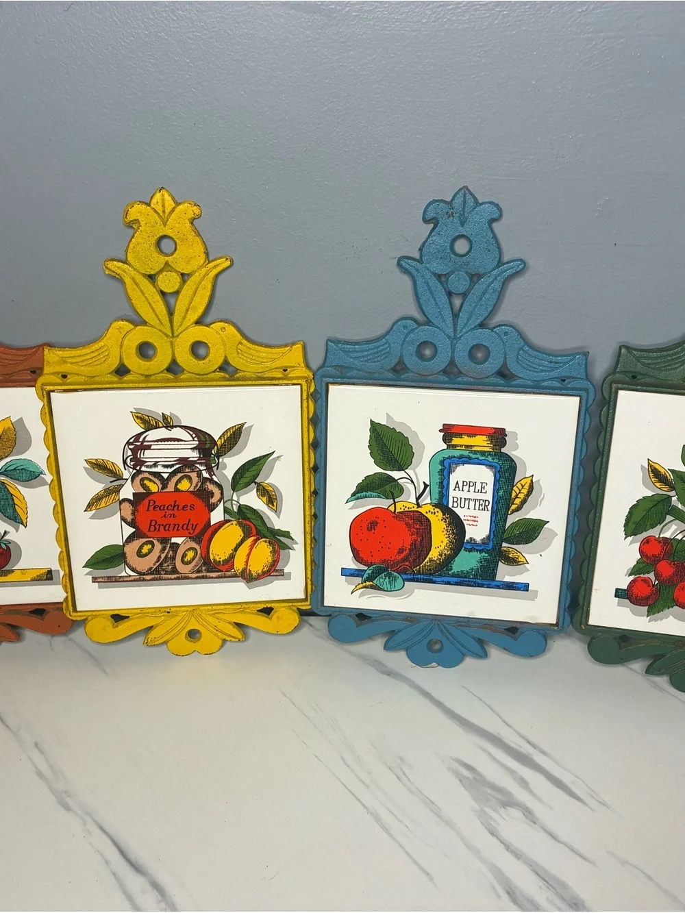 Set of 4 Vintage Italian Fruit Preserve Tile Trivets Cast Metal Frames